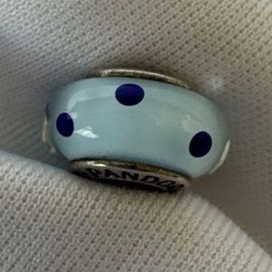 Pandora Murano Light Blue Glass Charm with Navy Polka Dots retired Authentic
